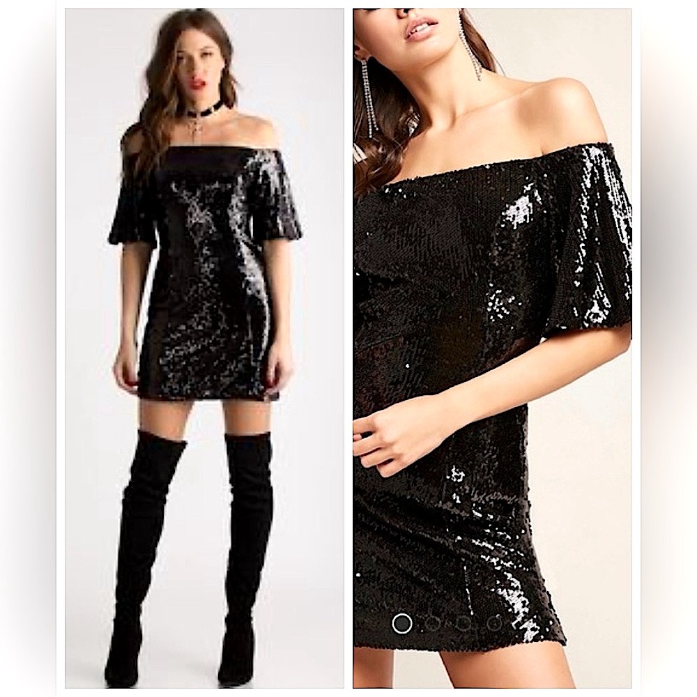 DO + BE Black Sequin Off Shoulder Min Cocktail Dress Sz S